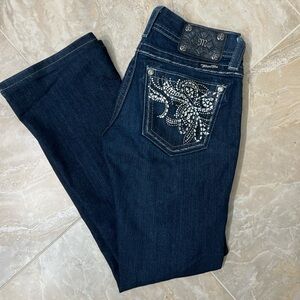 Miss Me Dark Wash Rhinestone Bootcut Jeans - Embellished Back Pockets Size 27